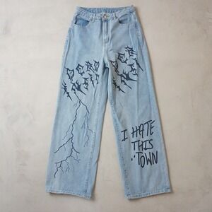 SHEIN Women Light Wash Wide Leg Graphic Jeans I Hate This Town Blue Size M Y2K